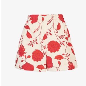 Tanya Taylor Cream Bermuda Shorts with Red Floral Print